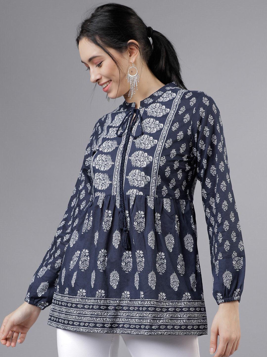 vishudh women navy blue & white printed tunic