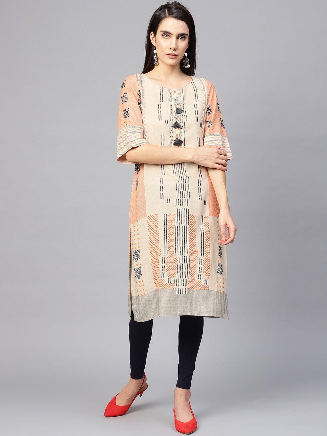 w women beige & orange printed straight sustainable kurta