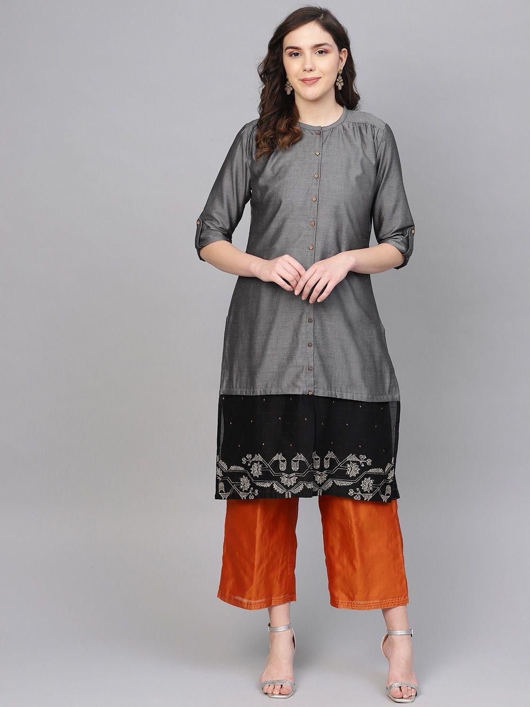 w women charcoal grey & black solid layered straight sustainable kurta