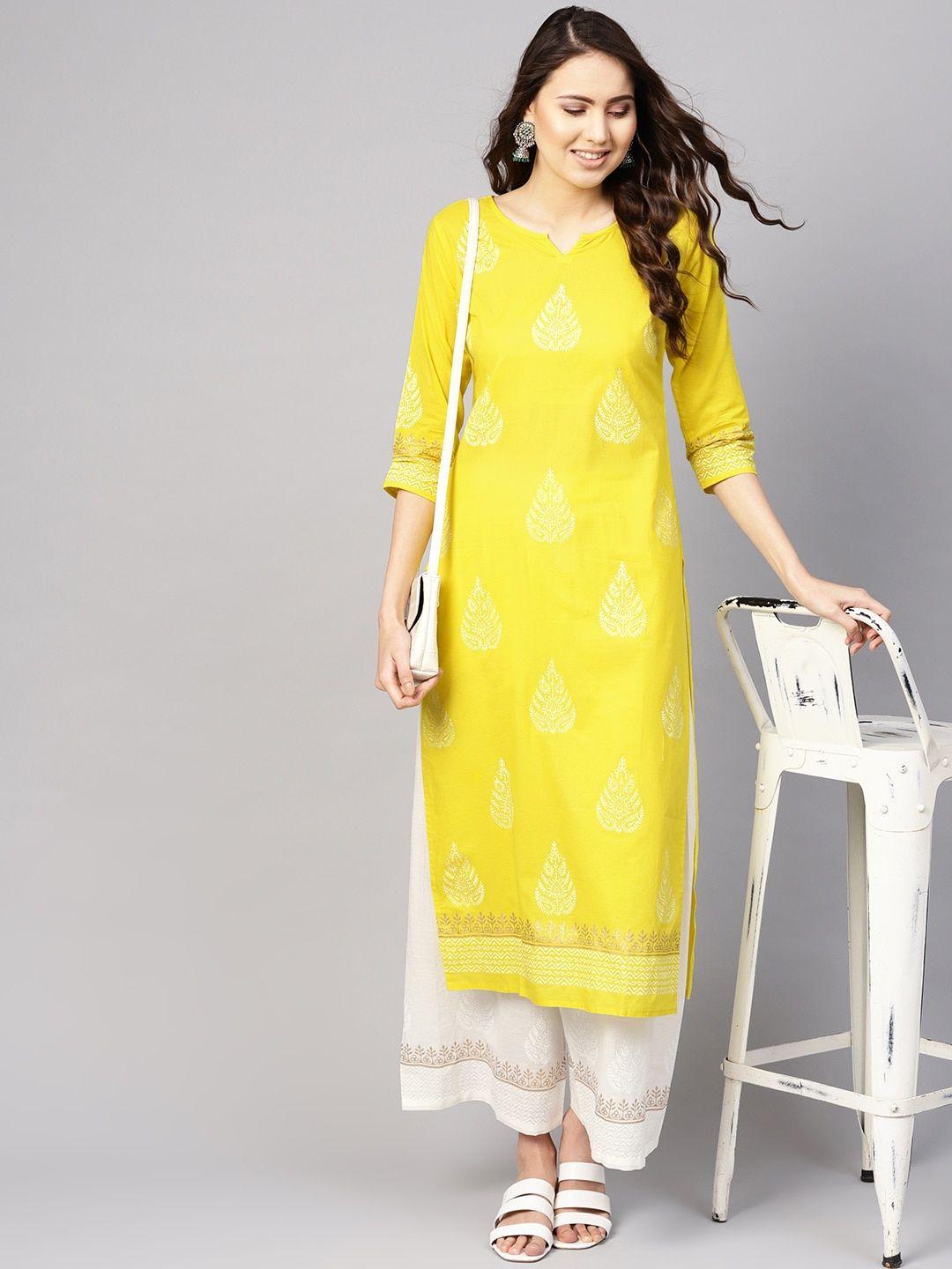 nayo elegant yellow block print cotton kurta with palazzos