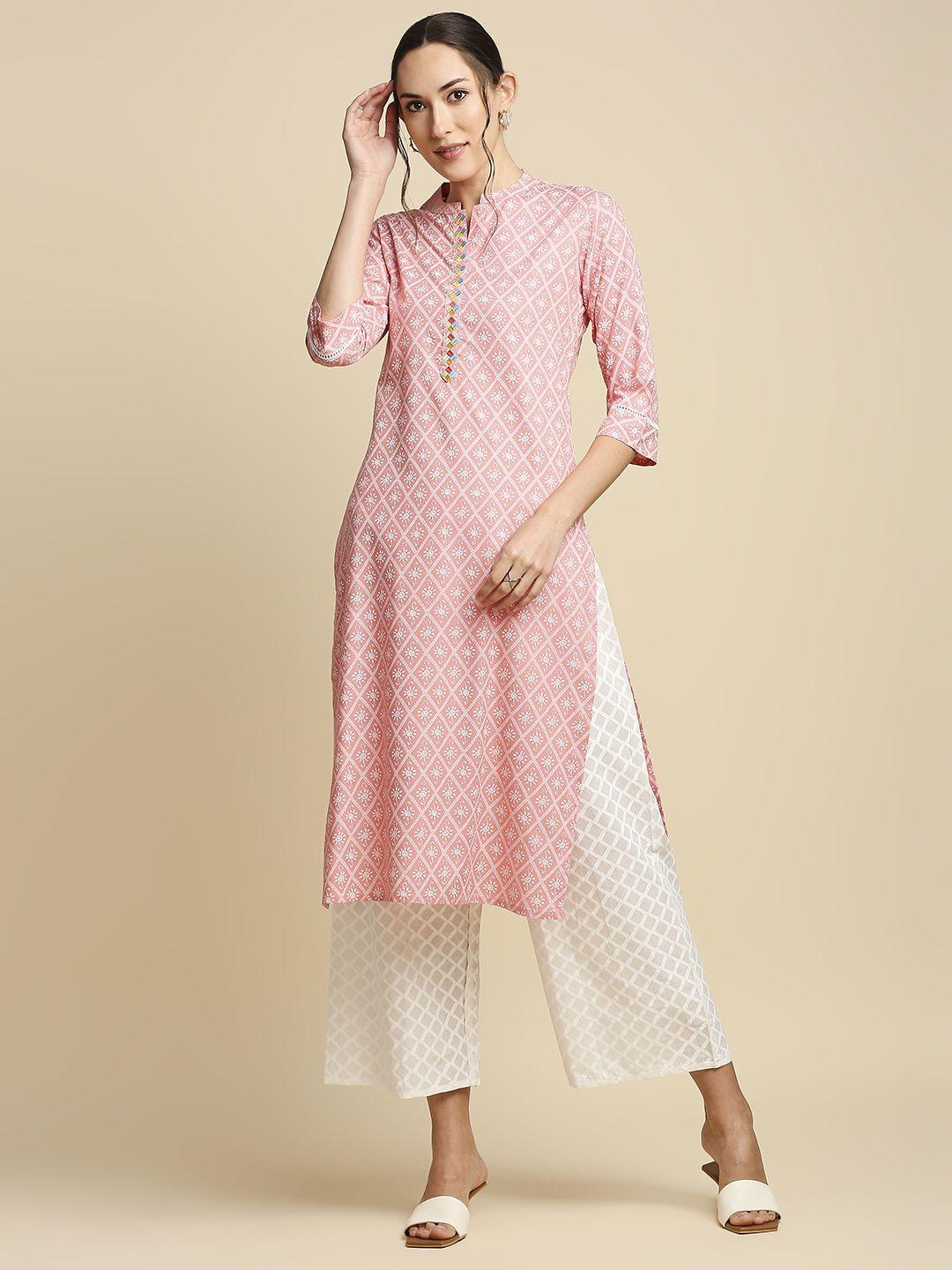 anubhutee women peach-coloured & white khari printed straight kurta