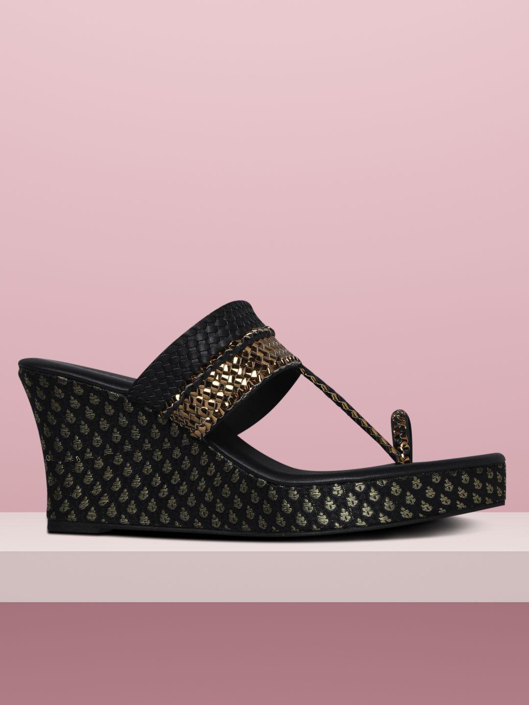 anouk women black & gold-toned braided wedges