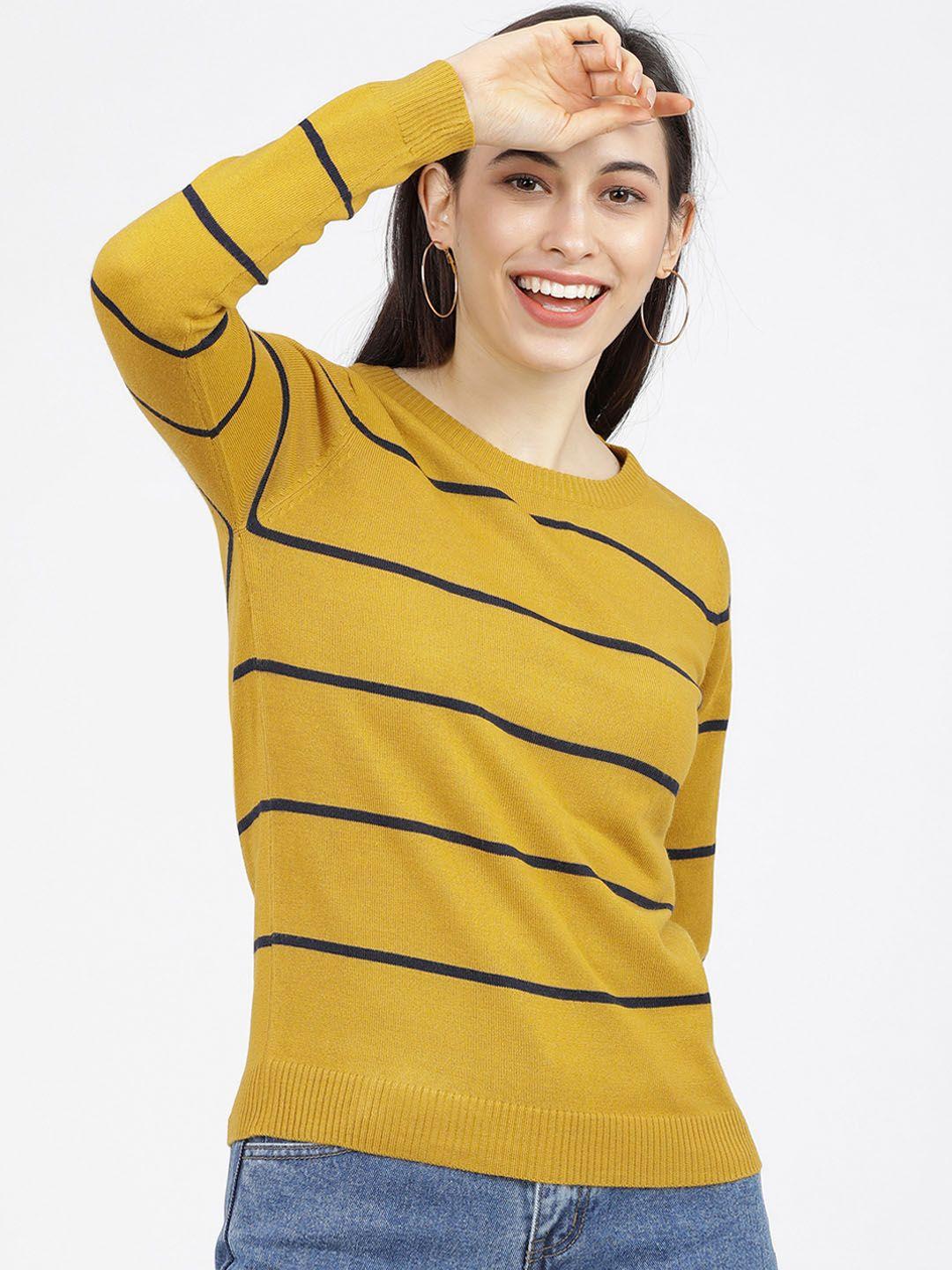 tokyo talkies women mustard & navy blue striped sweater