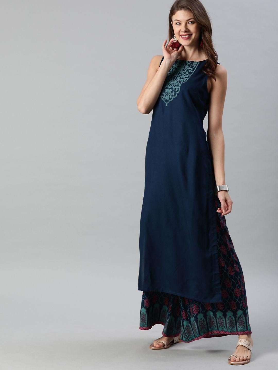 anouk women blue yoke design kurta with palazzos