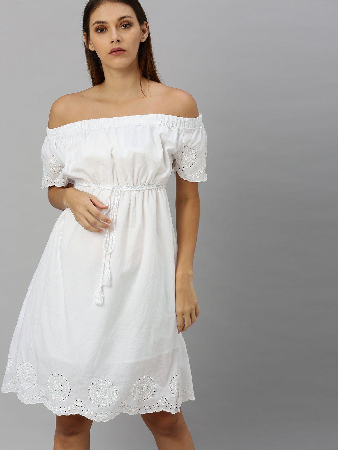 here&now women white solid schiffli embroidery off-shoulder fit and flare dress