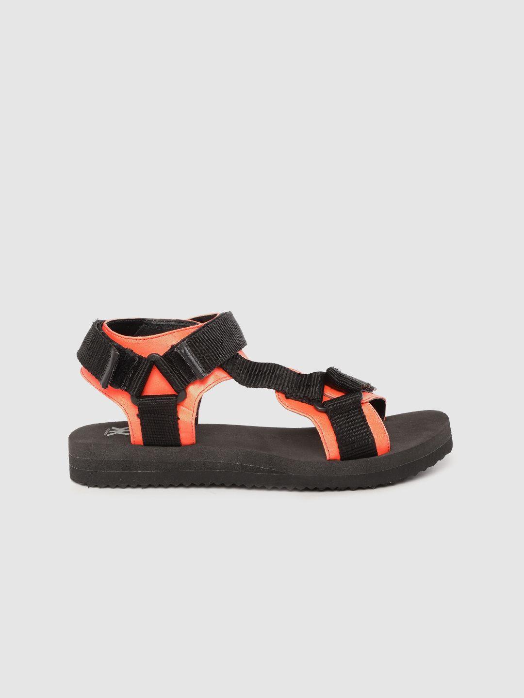 kook n keech women black & orange colourblocked sports sandals