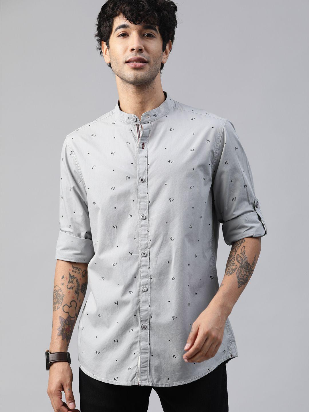 roadster men grey printed pure cotton sustainable casual shirt