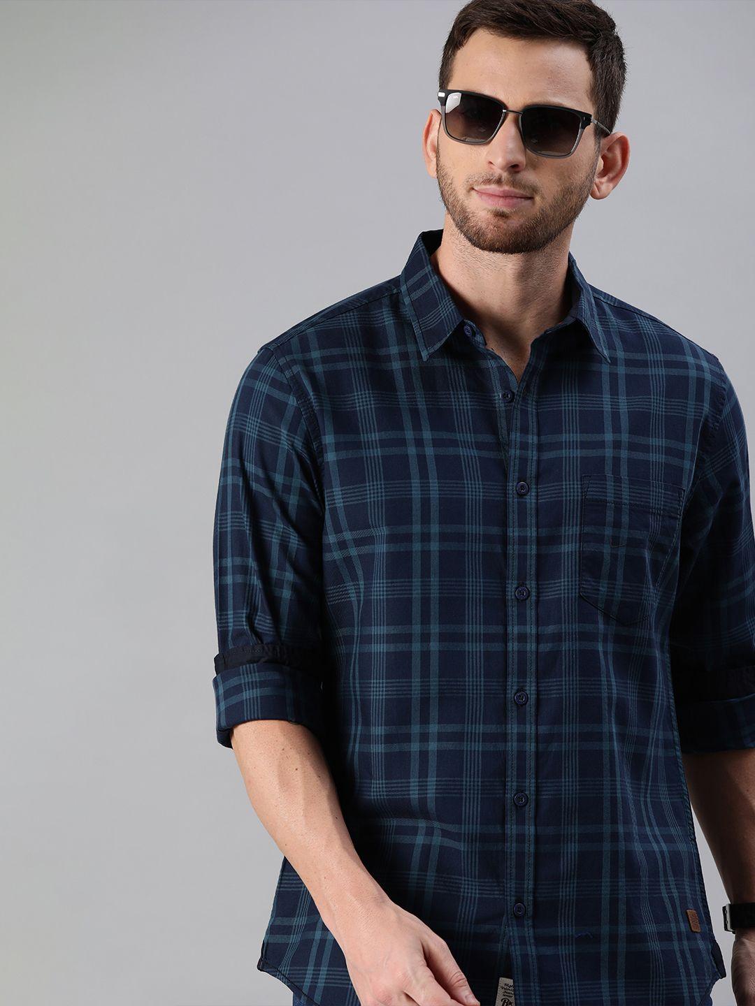 roadster men navy blue checked pure cotton sustainable casual shirt