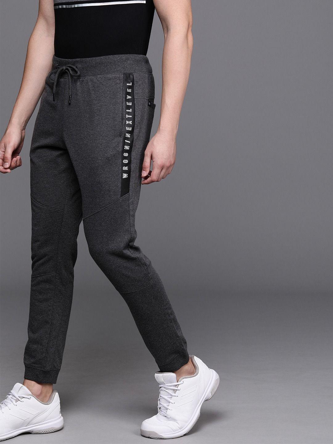 wrogn men charcoal grey solid slim fit joggers