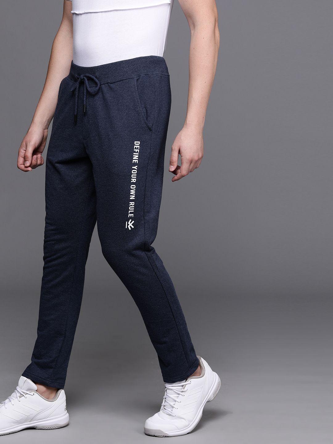 wrogn men navy blue solid straight fit track pants