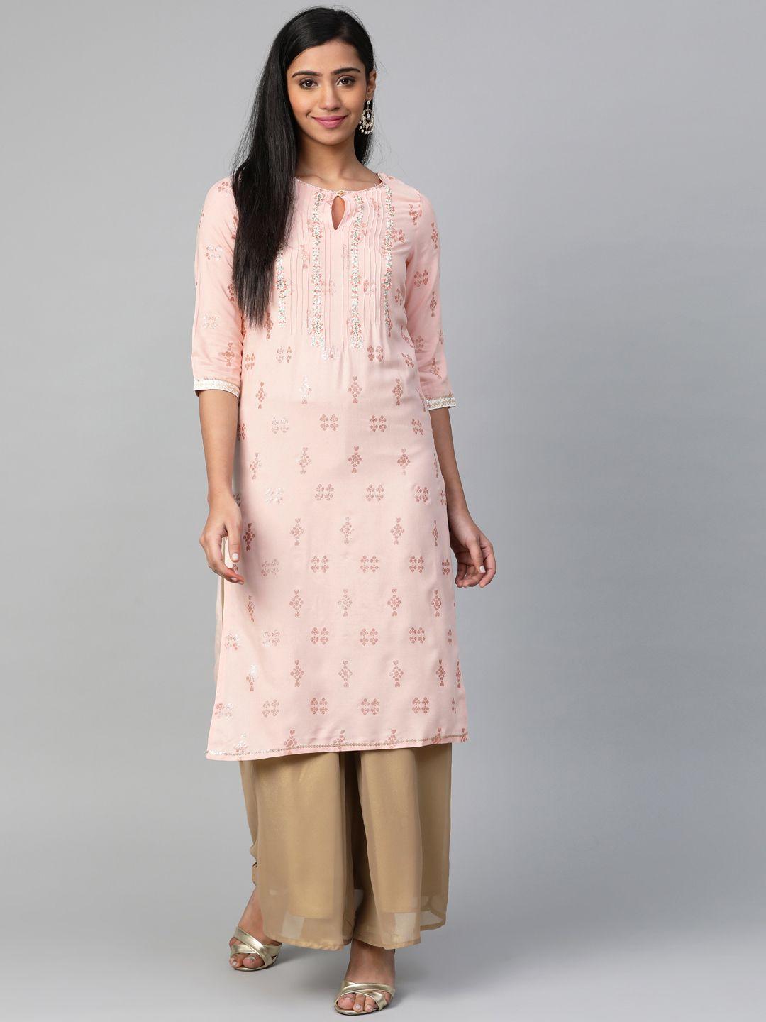 w women peach-coloured printed straight kurta