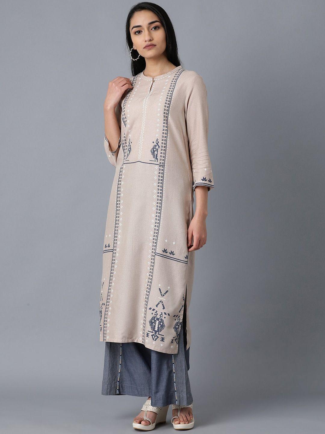 w women beige printed straight sustainable kurta