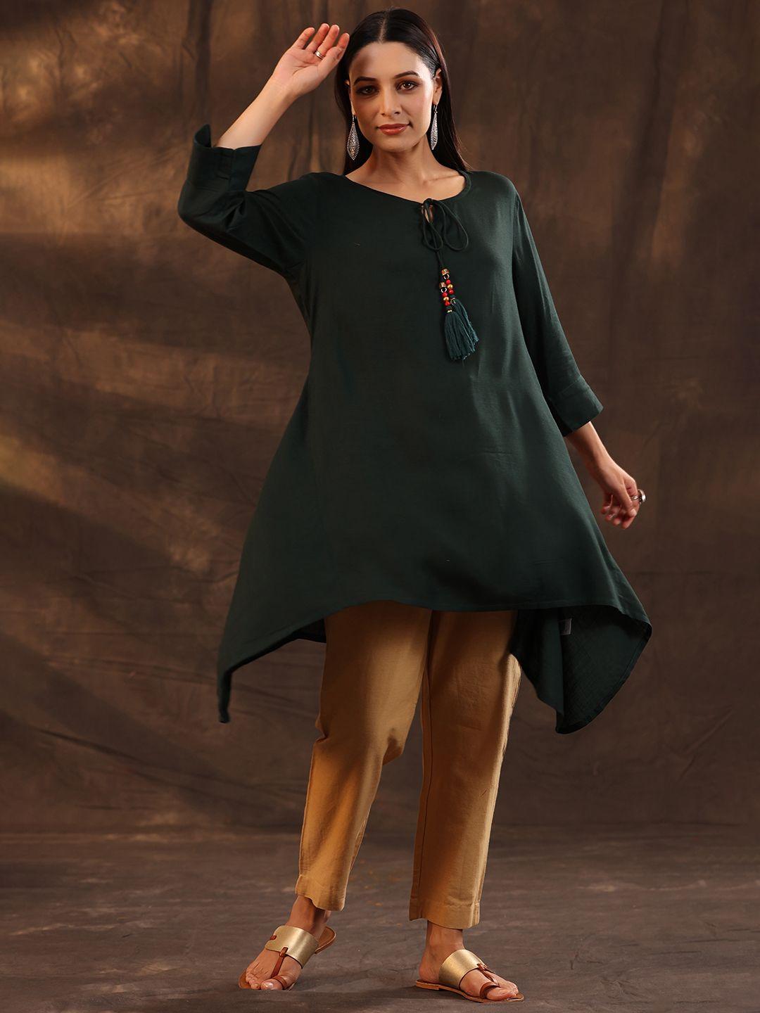 juniper women green rayon slub asymmetric a-line kurti