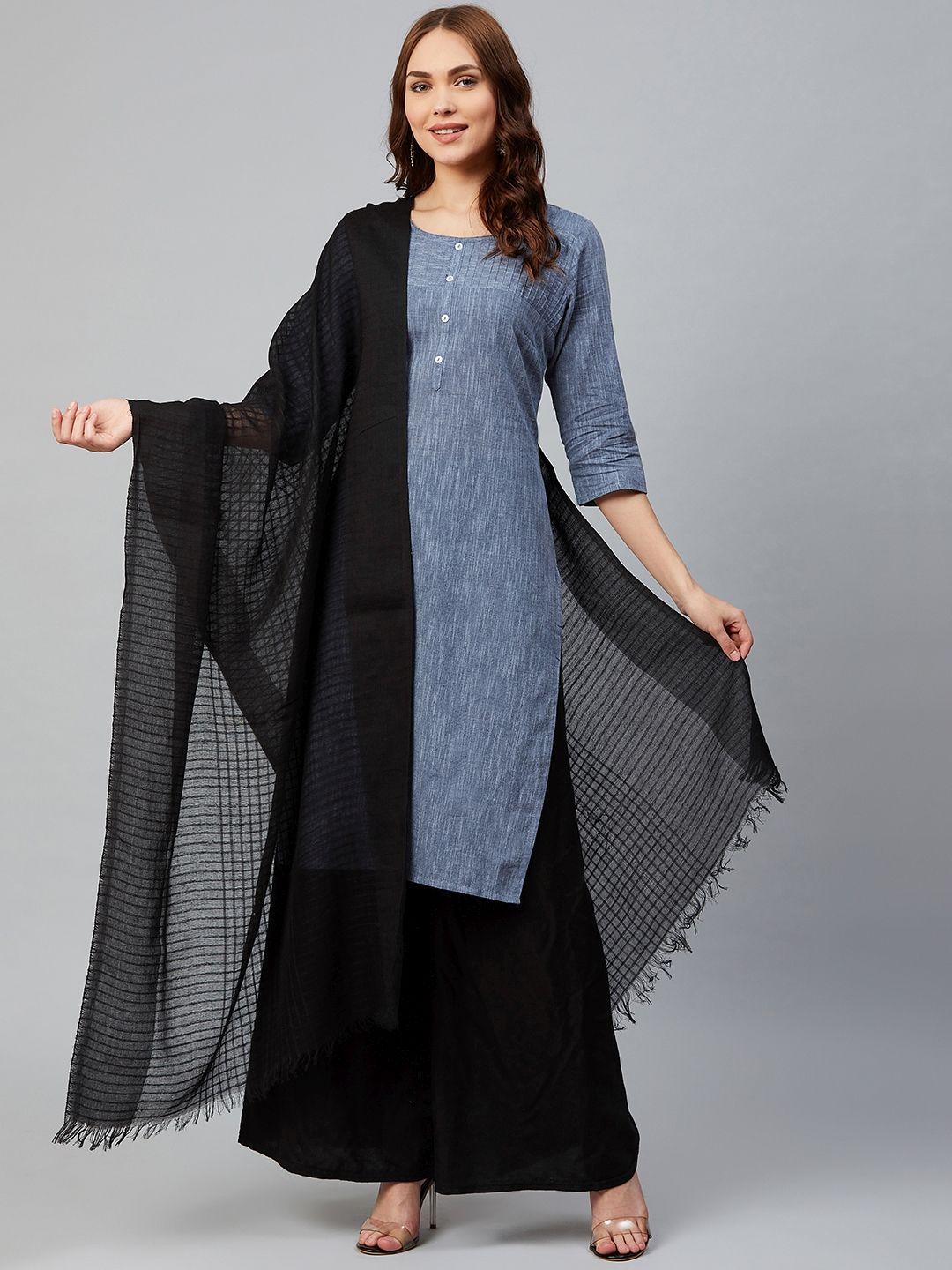 aurelia women black yarn dyed checked pure cotton dupatta