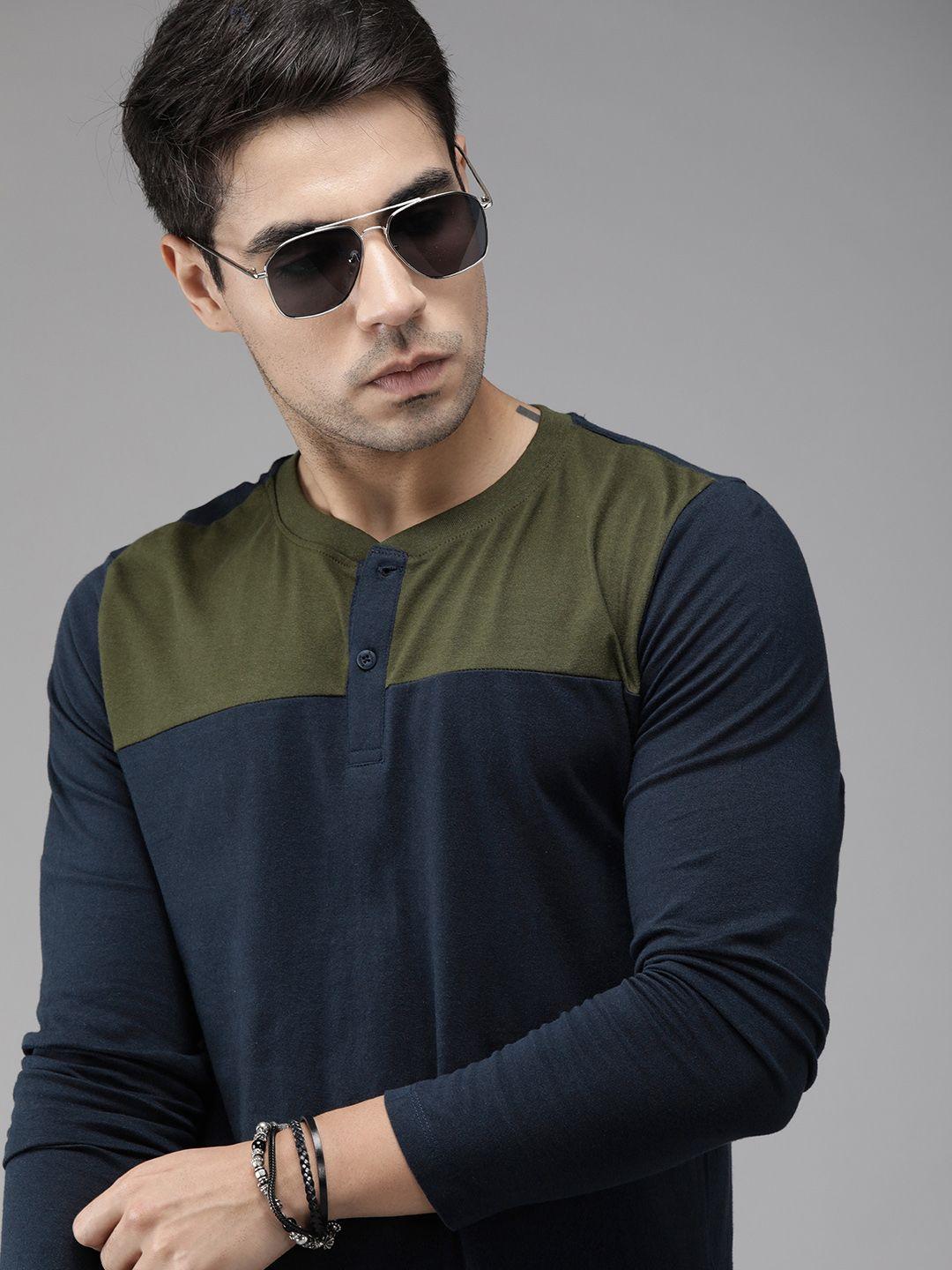 roadster men navy blue  olive green colourblocked henley neck pure cotton t-shirt