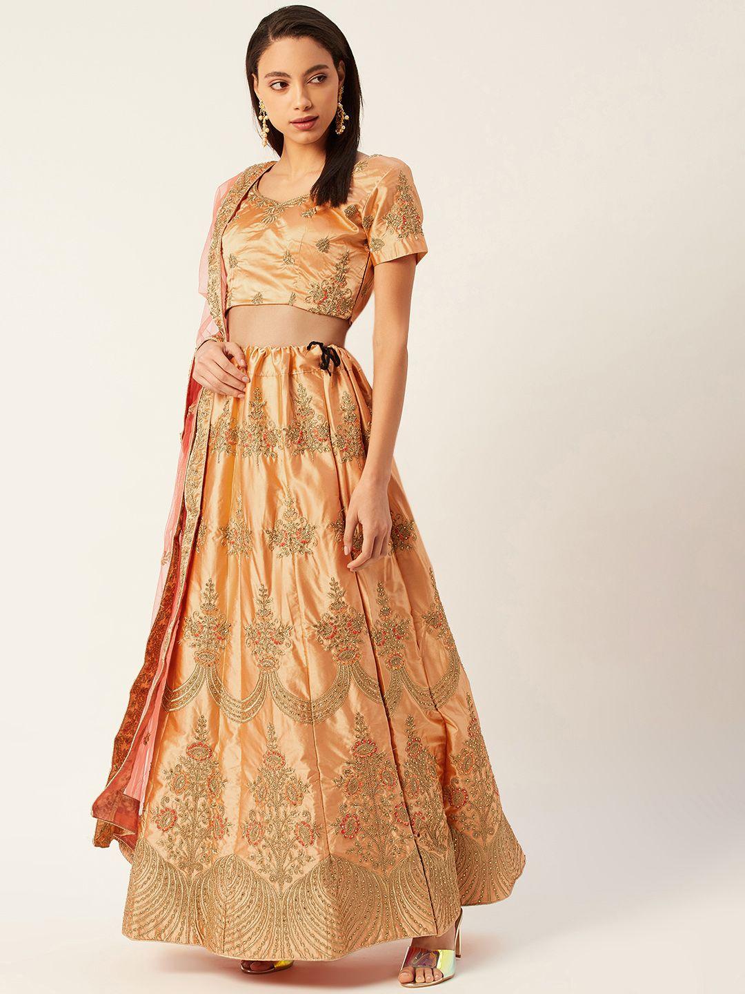 shaily peach-coloured & gold-toned embroidered semi-stitched lehenga & unstitched blouse with dupatta