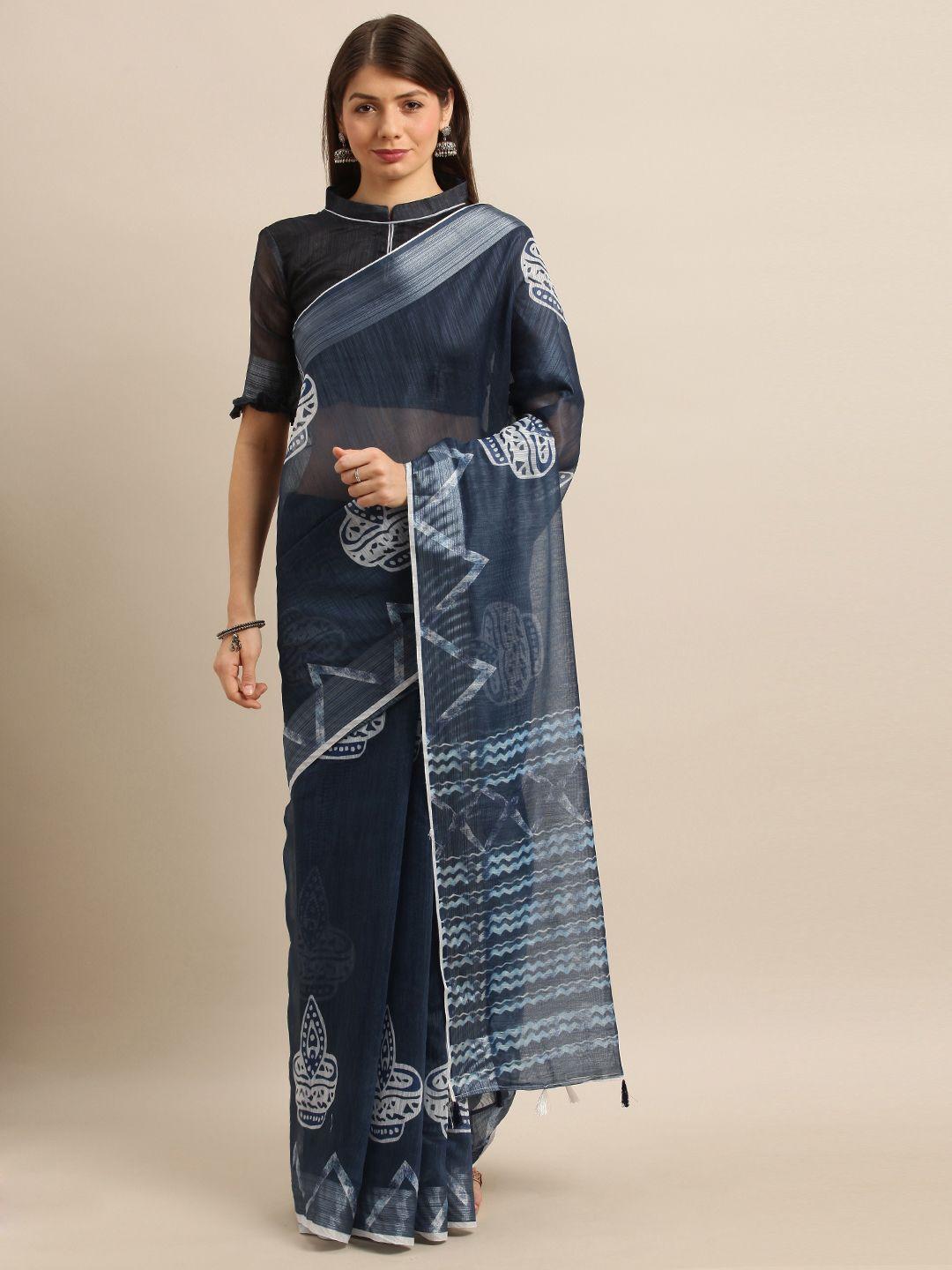 mitera navy blue & white linen blend printed khadi saree