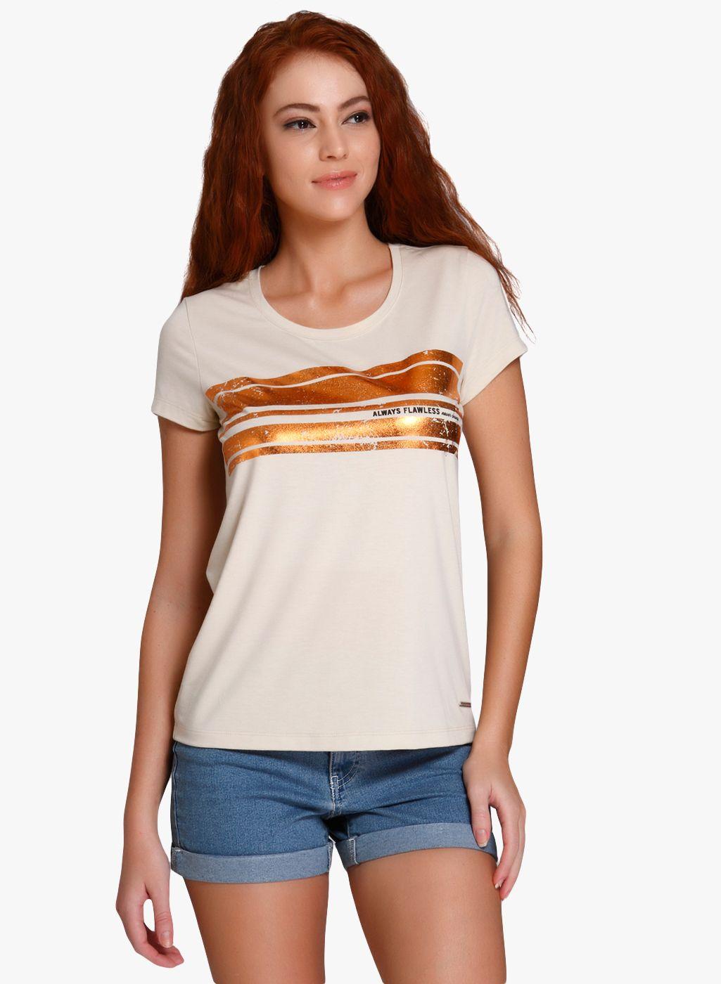 vero moda women beige & golden striped round neck t-shirt