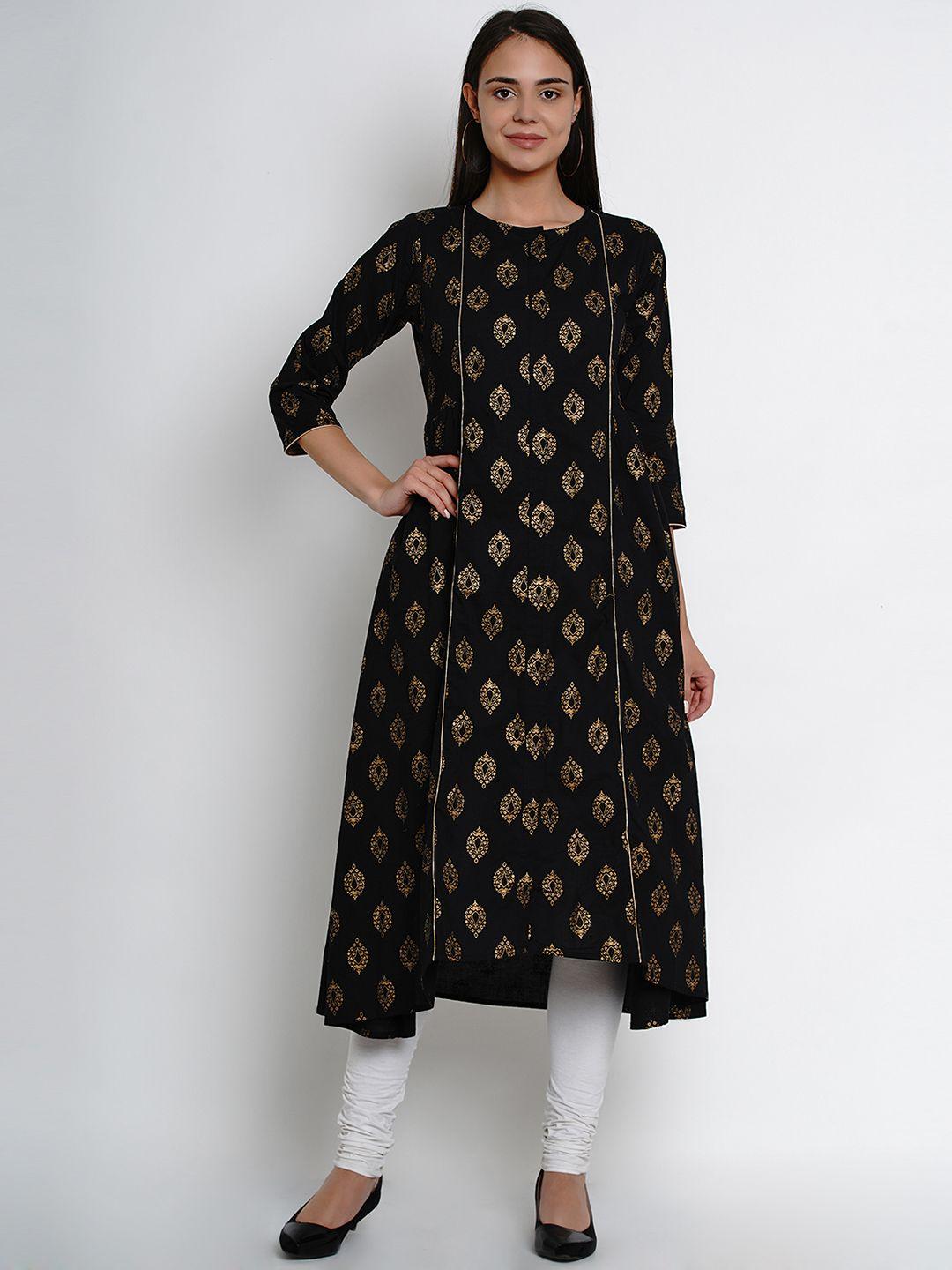 bhama couture women black block printed a-line kurta