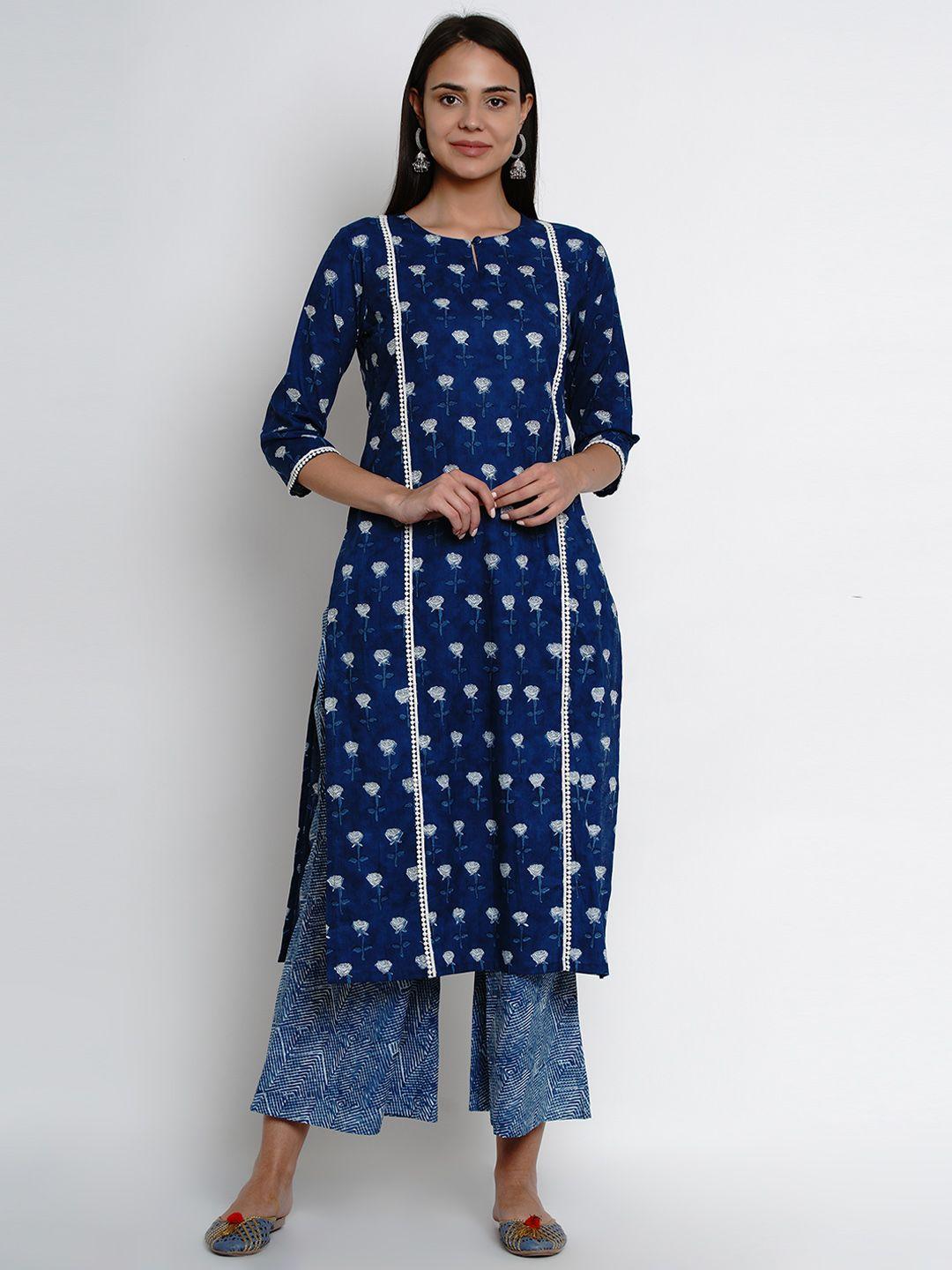 bhama couture women blue & white indigo printed kurta with palazzos