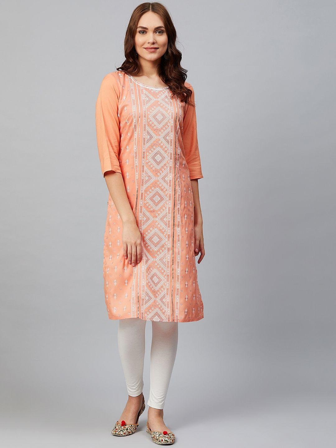 aurelia women peach-coloured & white printed straight kurta