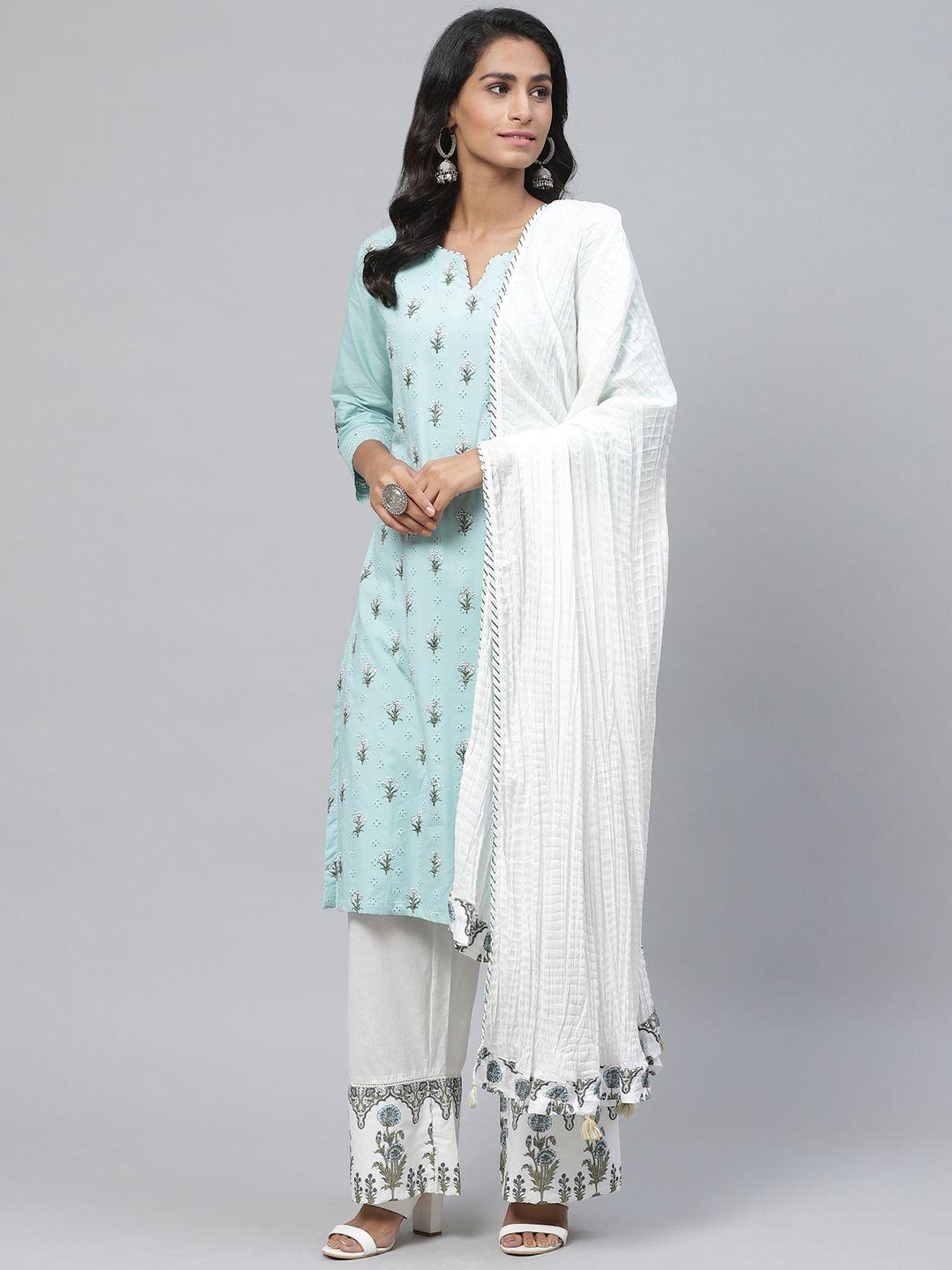 biba women blue & white schiffli embroidered kurta with palazzos & dupatta