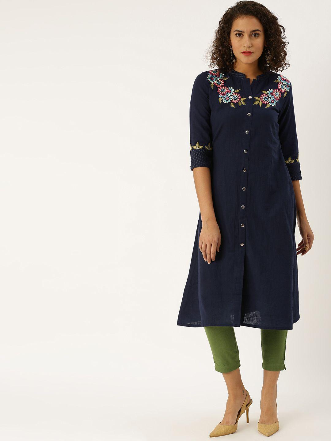 jaipur kurti women navy blue & olive green solid kurta with thread work and trousers