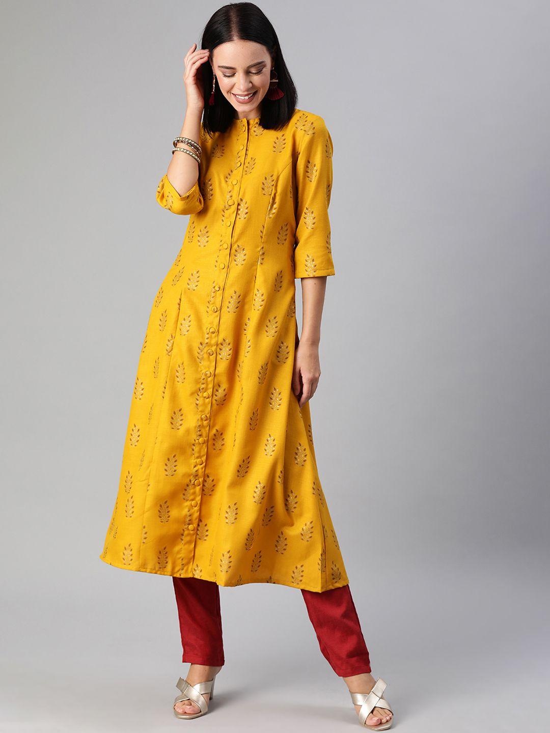 ethnovog women mustard yellow foil printed made to measure straight kurta