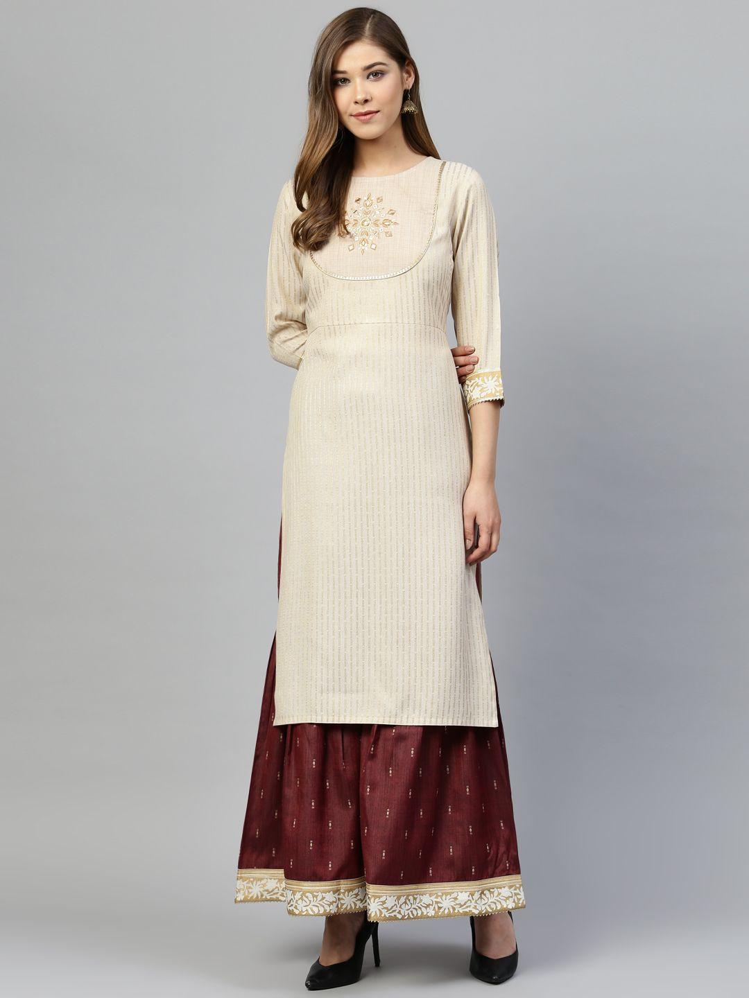 silai bunai women beige & maroon self-striped kurta with sharara