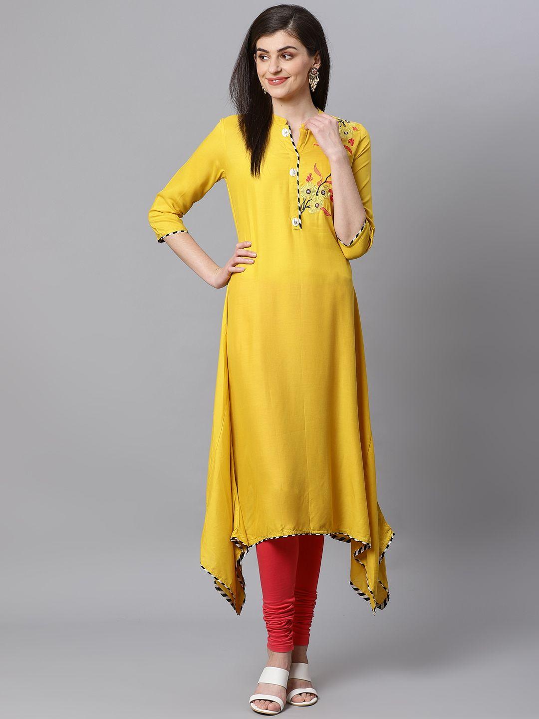 kifahari women yellow solid asymmetric a-line kurta with embroidered detail