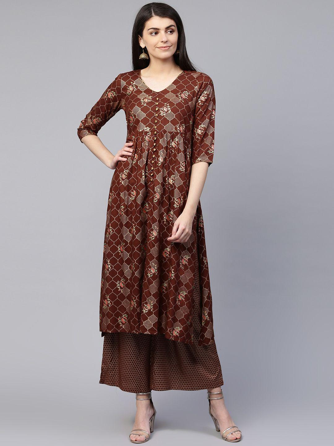 rangmayee women brown & golden screen printed kurta with palazzos