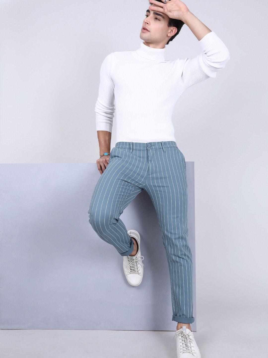 the indian garage co men blue & white slim fit striped regular trousers