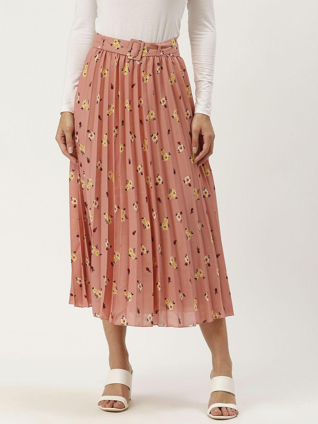 carlton london peach-coloured & yellow printed accordion pleated midi flared skirt