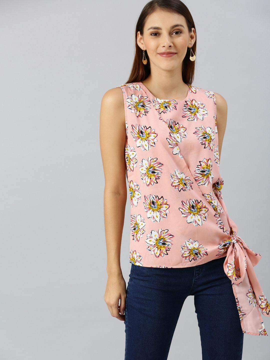 rare women peach-coloured & mustard yellow floral printed side tie-up top