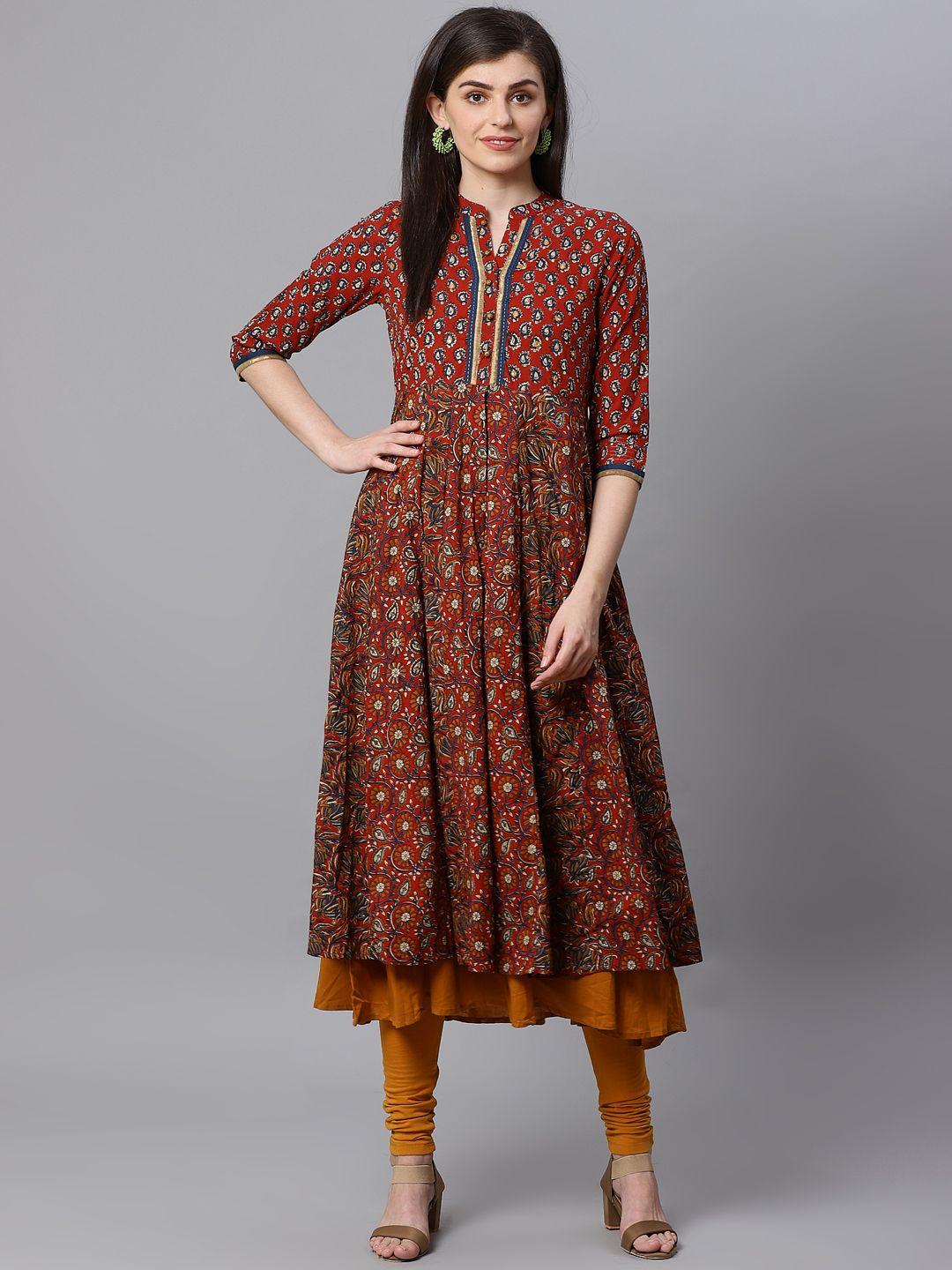 kifahari women maroon & mustard printed layered anarkali kurta