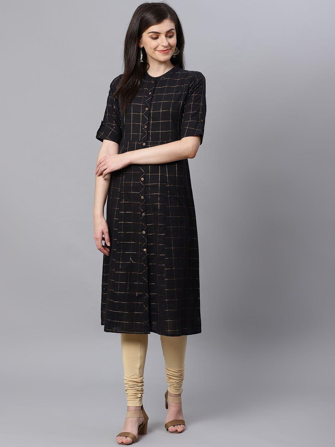 kifahari women black & golden checked straight kurta