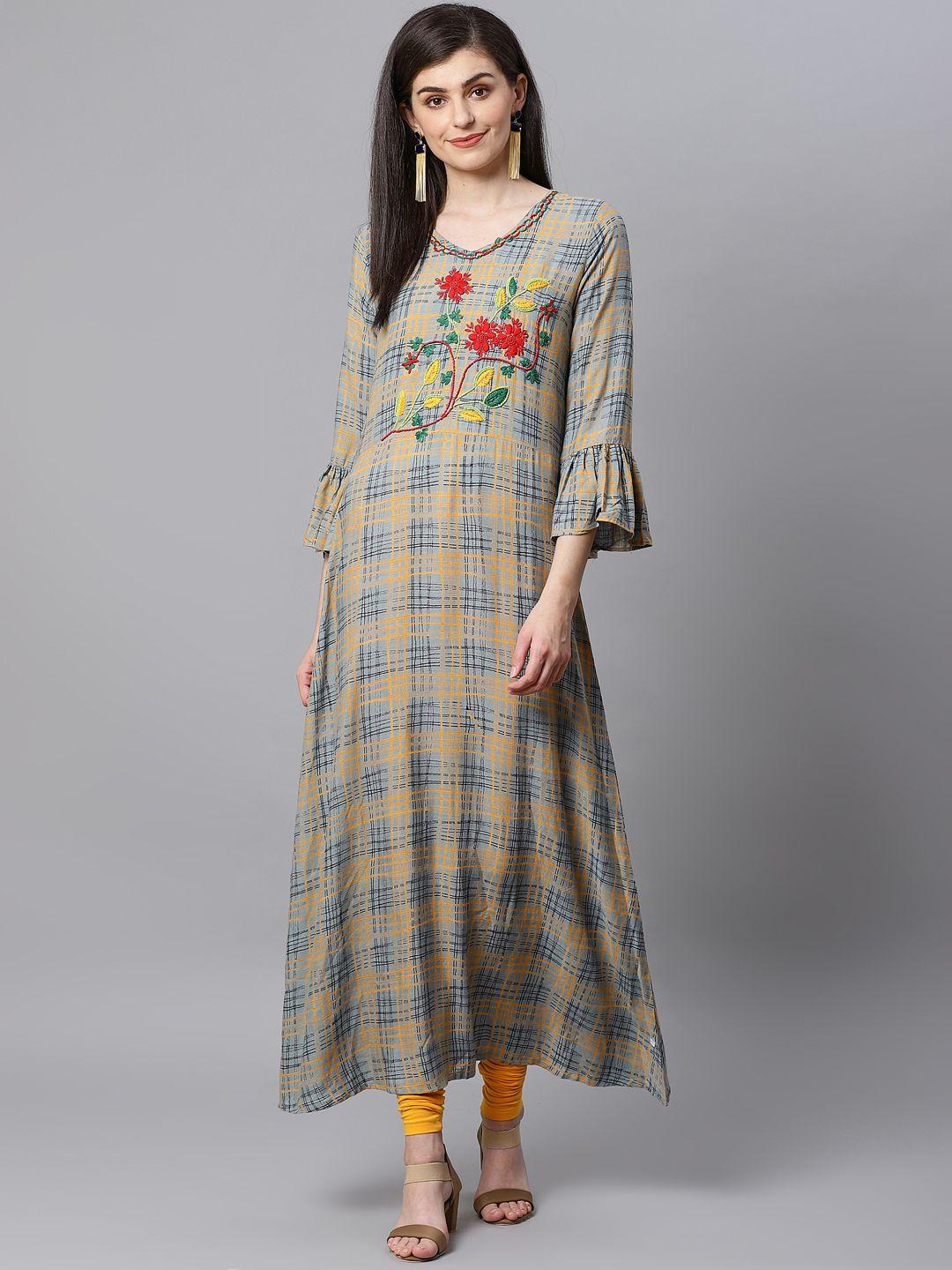 kifahari women grey & mustard yellow checked a-line kurta