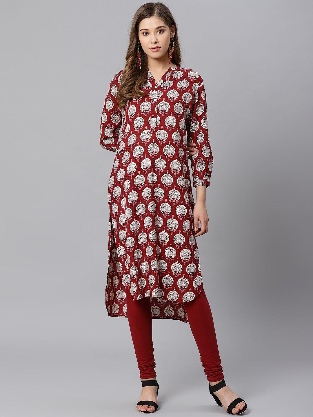 kifahari women maroon & white slim fit printed straight kurta