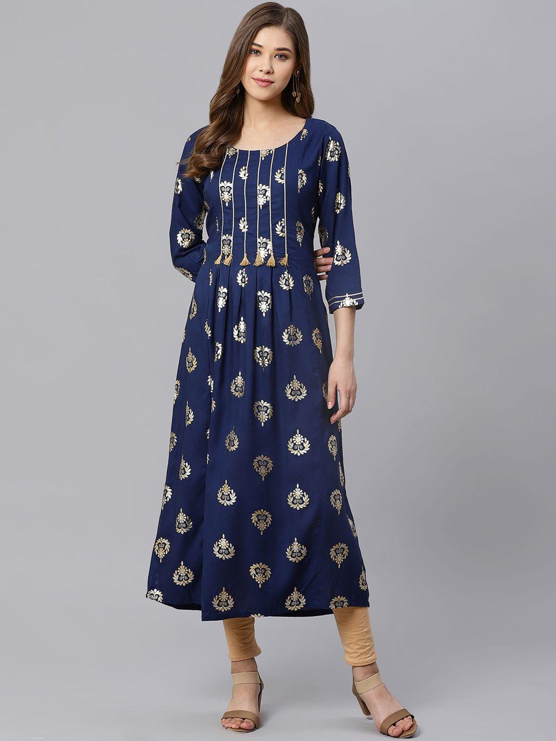 kifahari women navy blue printed a-line kurta