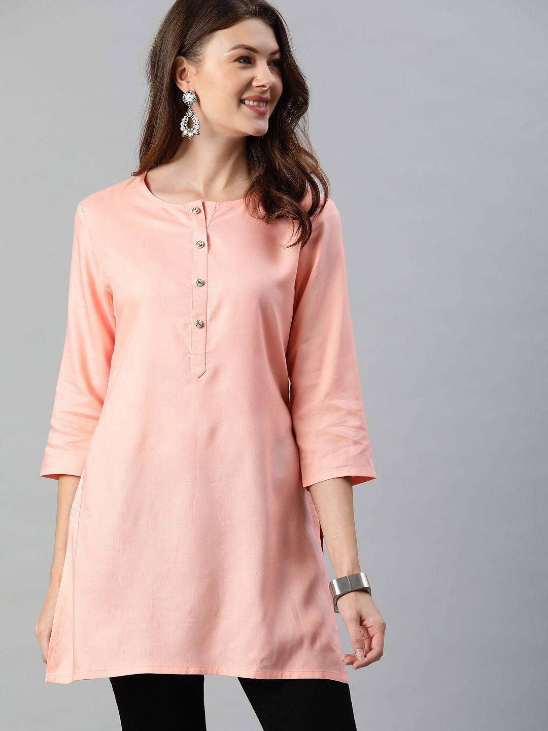 anouk women peach-coloured solid straight kurti