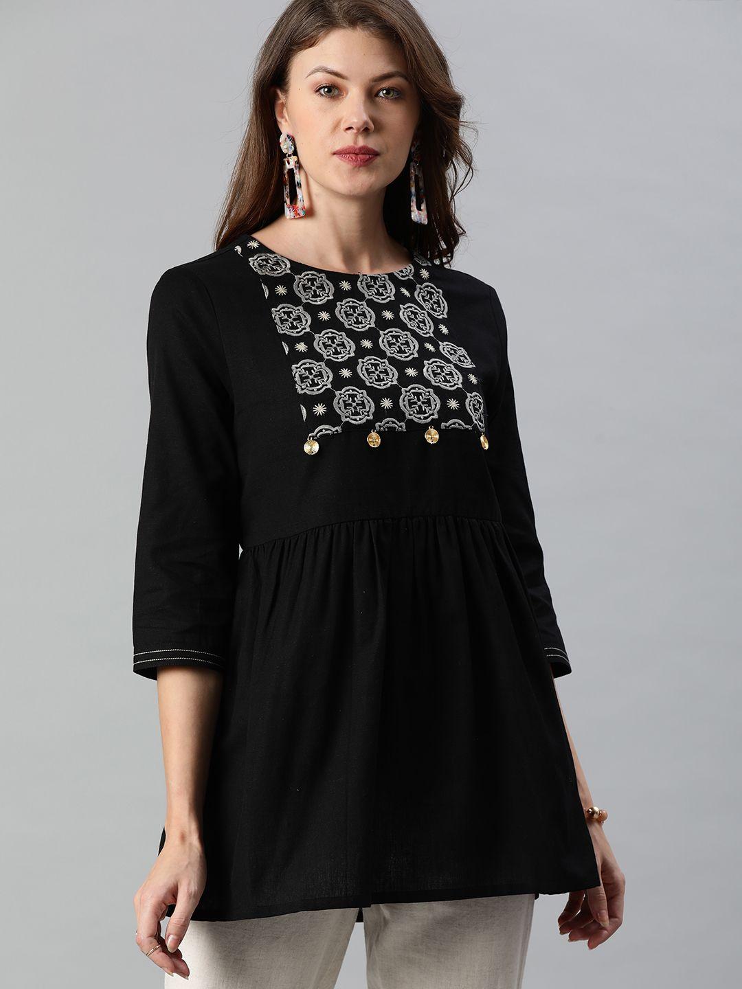 anouk women black embroidered a-line top