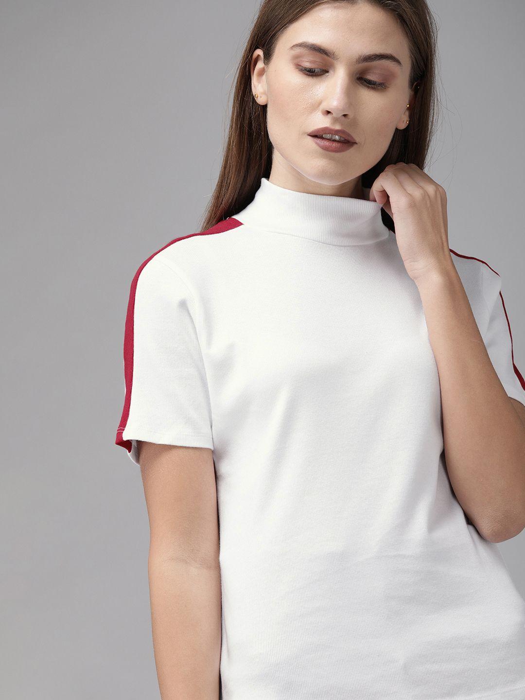 roadster women white solid high neck knitted t-shirt with side stripes