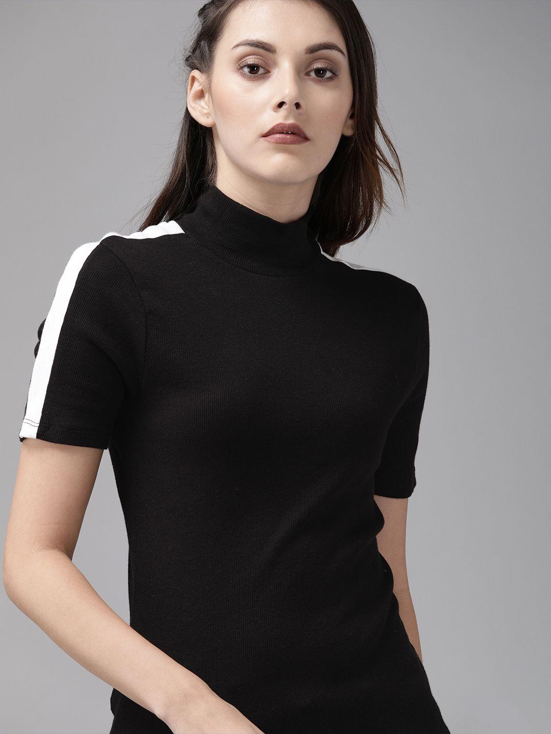 roadster women black solid high neck knitted t-shirt with side stripes