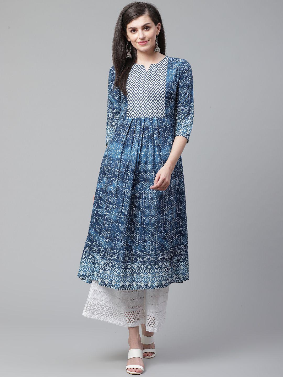 indo era women navy blue & white ethnic screen printed anarkali kurta