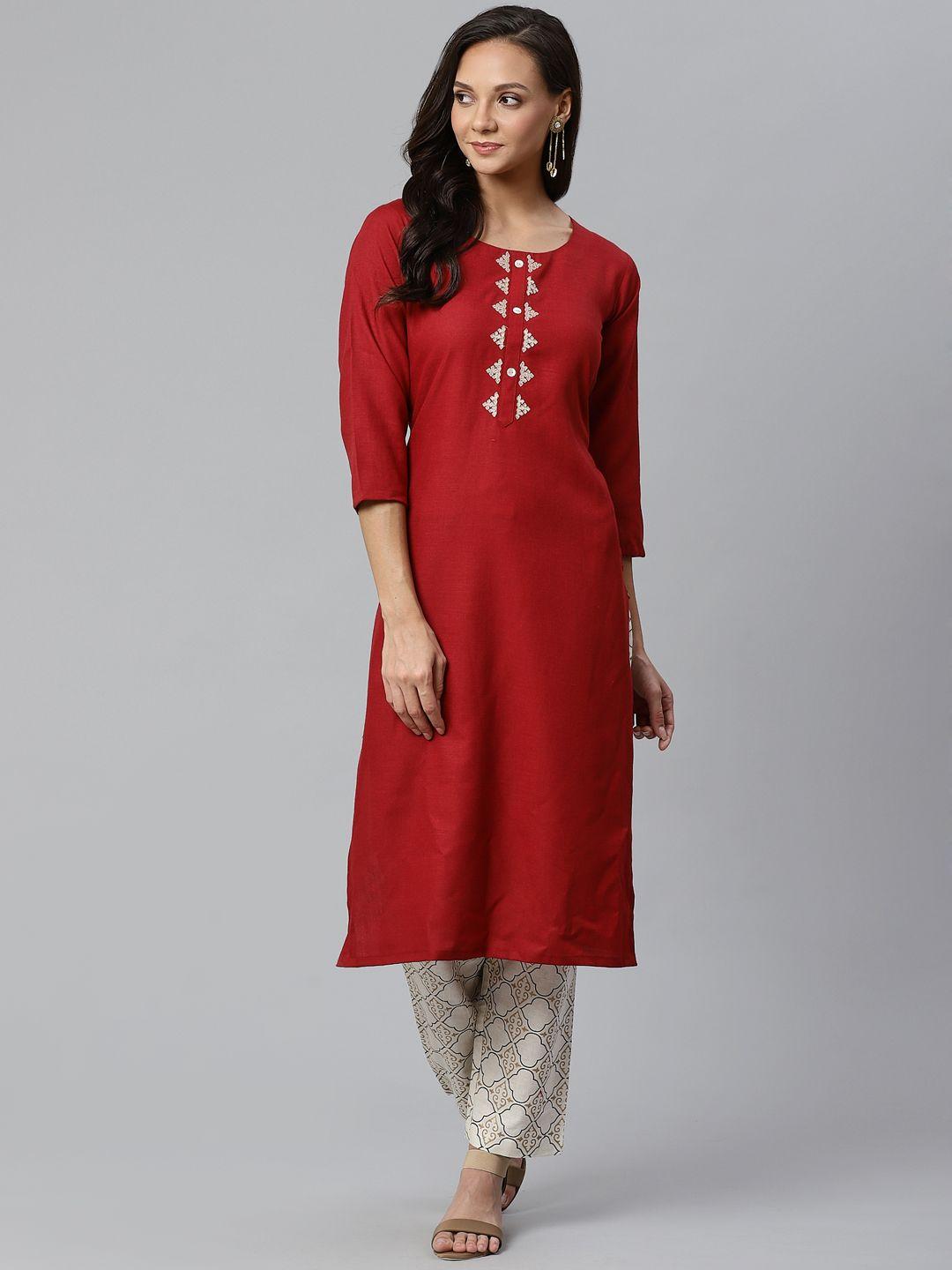 ksut women maroon & off-white solid kurta with trousers