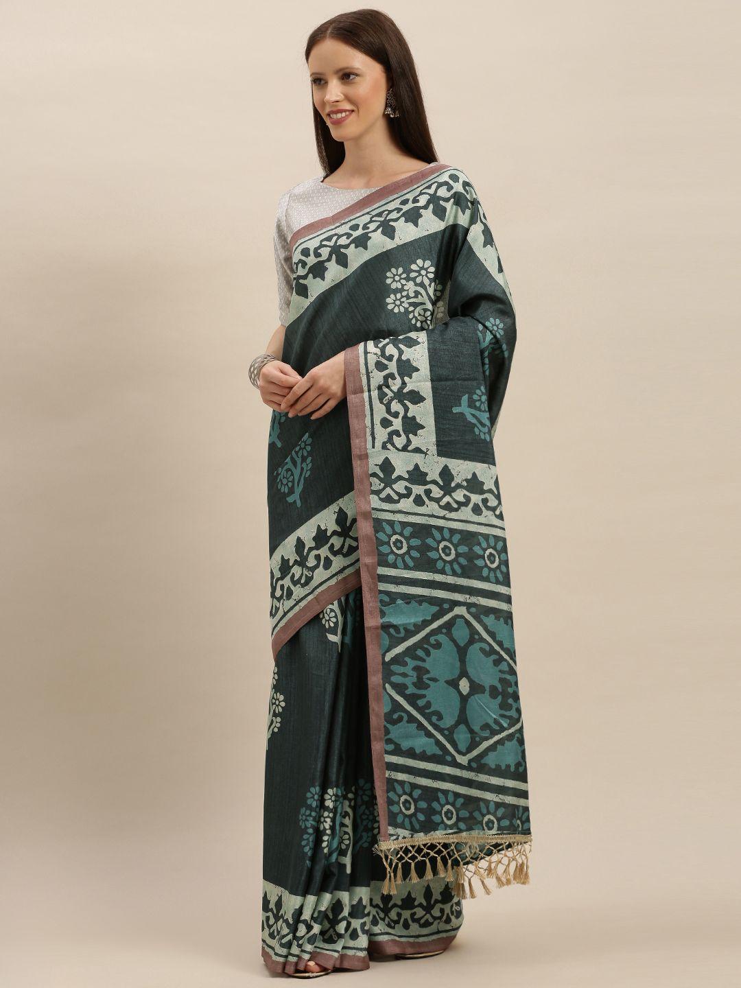 vastranand grey & blue linen blend printed bagru saree