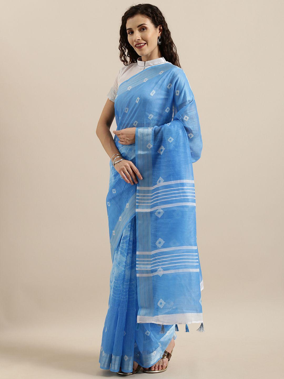 shavya blue & white linen blend printed saree