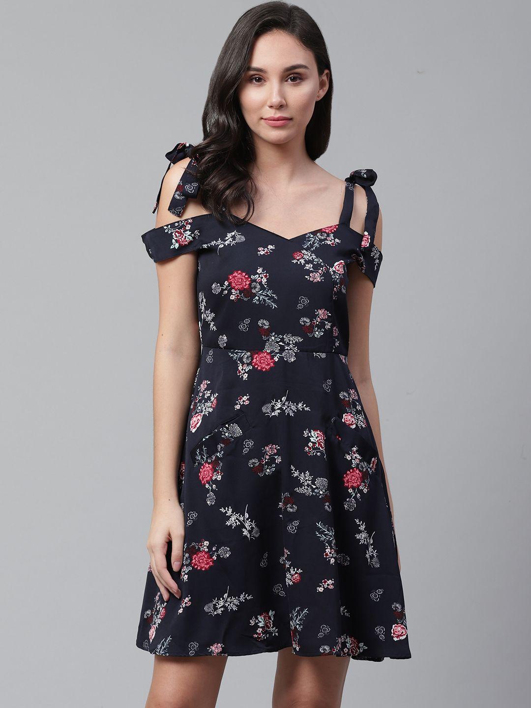 street 9 women navy blue & red floral printed satin finish fit and flare dress