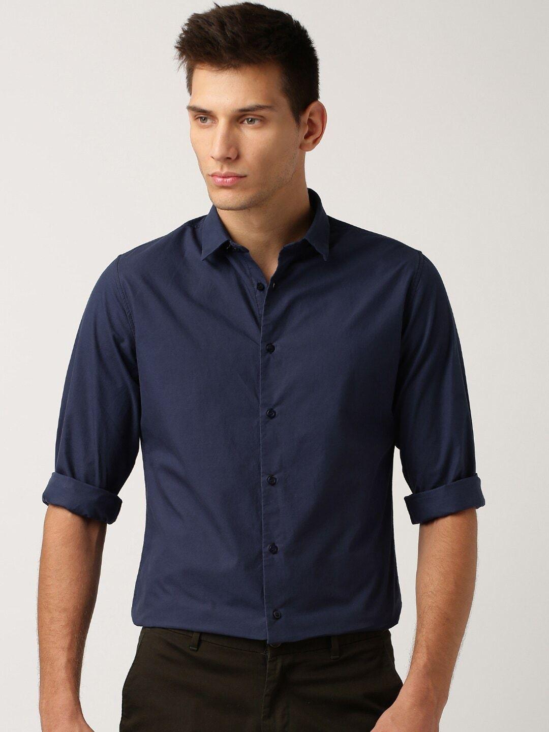 ether men navy blue anti microbial poplin cotton shirt