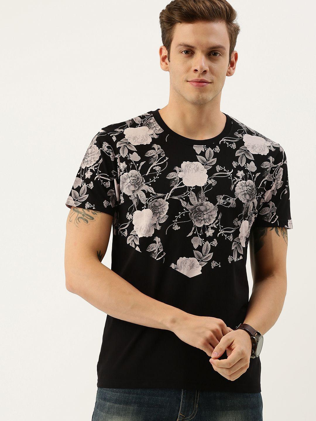 moda rapido men black  off-white floral printed round neck pure cotton t-shirt